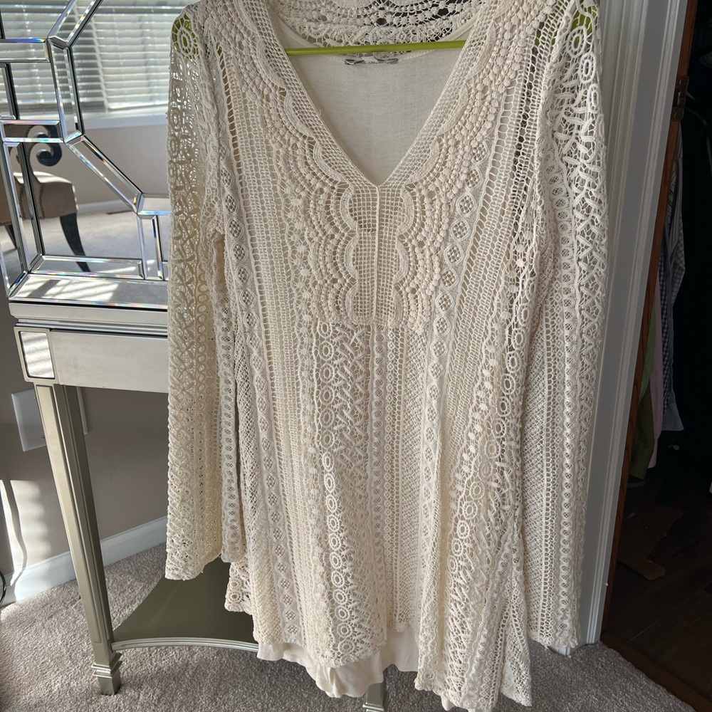 Ivory Crochet Lace V-Neck Tunic Dress